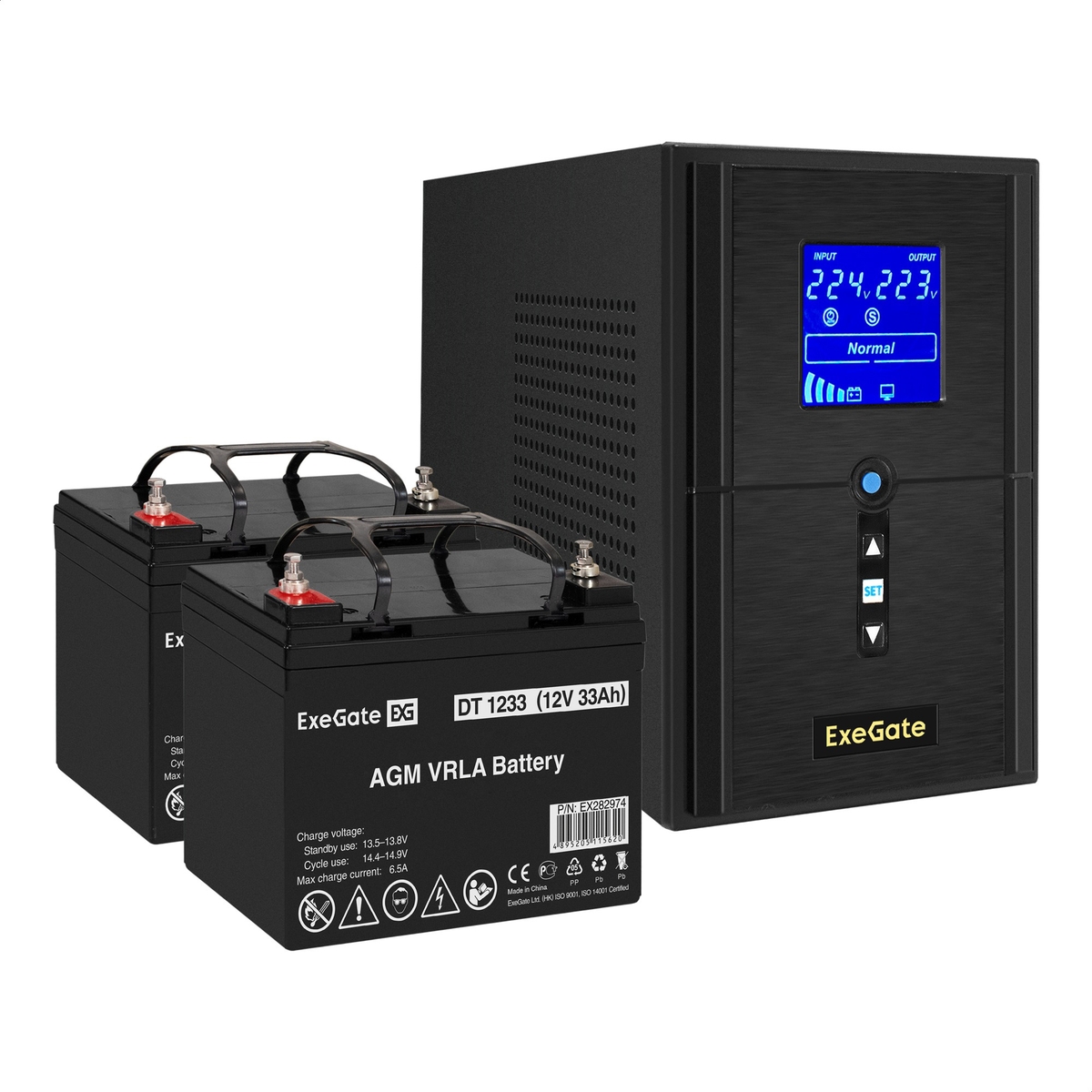 UPS set ExeGate SineTower SZ-1000.LCD.AVR.2SH.1C13.USB + battery DT 1233 (12V, 33Ah), 2 pcsece