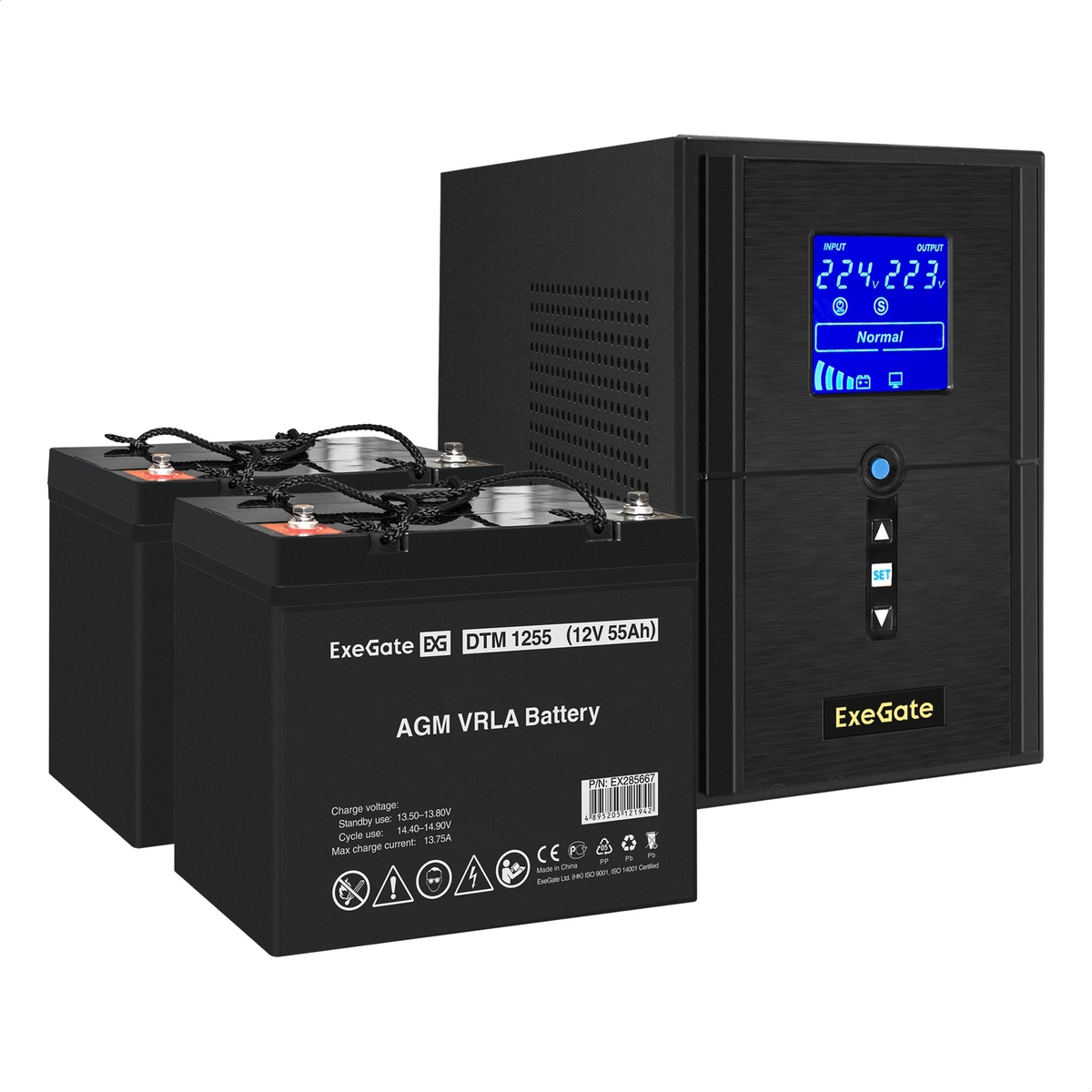 UPS set ExeGate SineTower SZ-1000.LCD.AVR.2SH.1C13.USB + battery DTM 1255 (12V, 55Ah), 2 pcsece