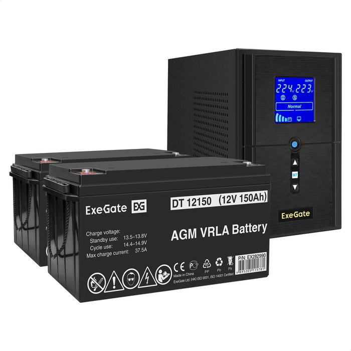 UPS set ExeGate SineTower SZ-1000.LCD.AVR.2SH.1C13.USB + battery DT 12150 (12V, 150Ah), 2 pcsece