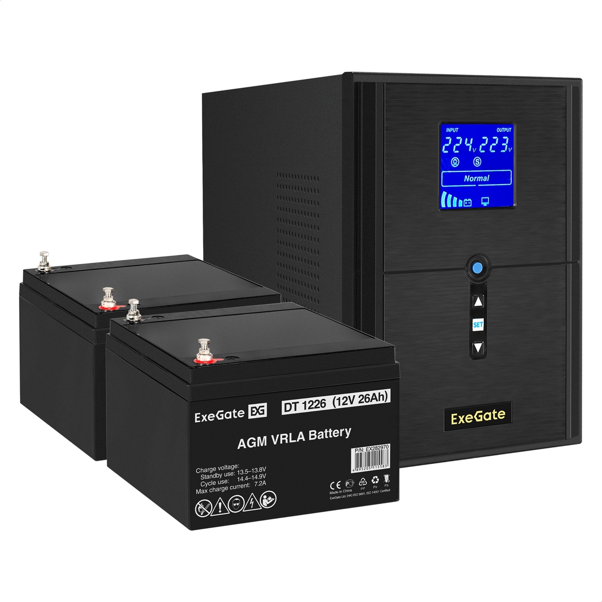 UPS set ExeGate SineTower SZ-2000.LCD.AVR.3SH.1C13.USB + battery DT 1226 (12V, 26Ah), 2 pcsece